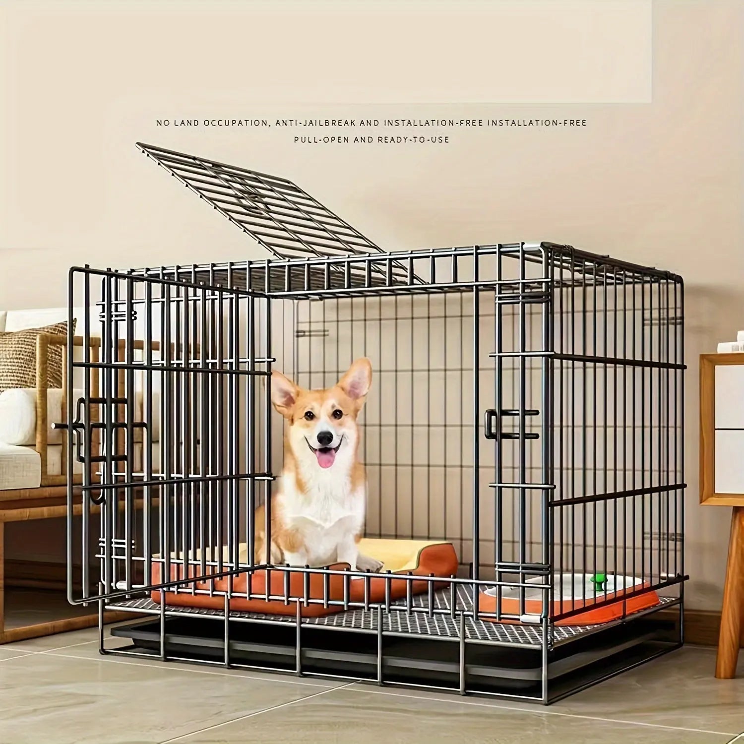 Portable Medium Iron Dog Cage with Partition & Tray - Ideal for Indoor Use, Travel-Friendly, Includes Free Floor Mat - Perfect for Small to Medium Breeds, Home & Outdoor Safety Marsel & Co.